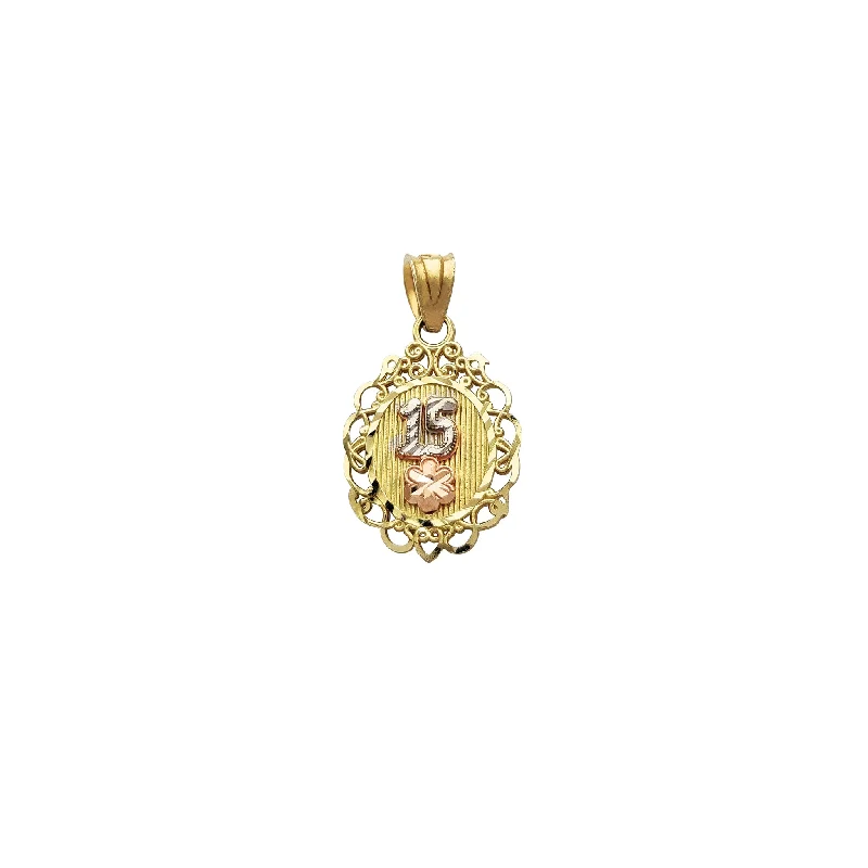 Mother - of - Pearl Inlaid Seahorse Pendant for Beach LoversTri-Color 15 Quinceaños Filigree Oval Pendant (14K) Mother - of - Pearl Inlaid Seahorse Pendant for Beach LoversTri-Color 15 Quinceaños Filigree Oval Pendant (14K)