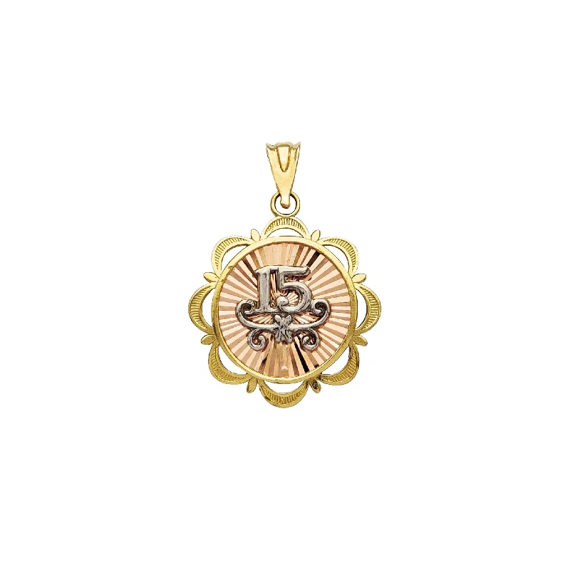 Handmade Leather - Wrapped Crystal Pendant for a Bohemian AestheticTri-Color 15 Quinceanera Circle Pendant (14K) Handmade Leather - Wrapped Crystal Pendant for a Bohemian AestheticTri-Color 15 Quinceanera Circle Pendant (14K)