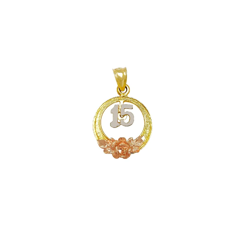 Tri-Color Circle Rose & Leaves Quinceañera Pendant (14K)