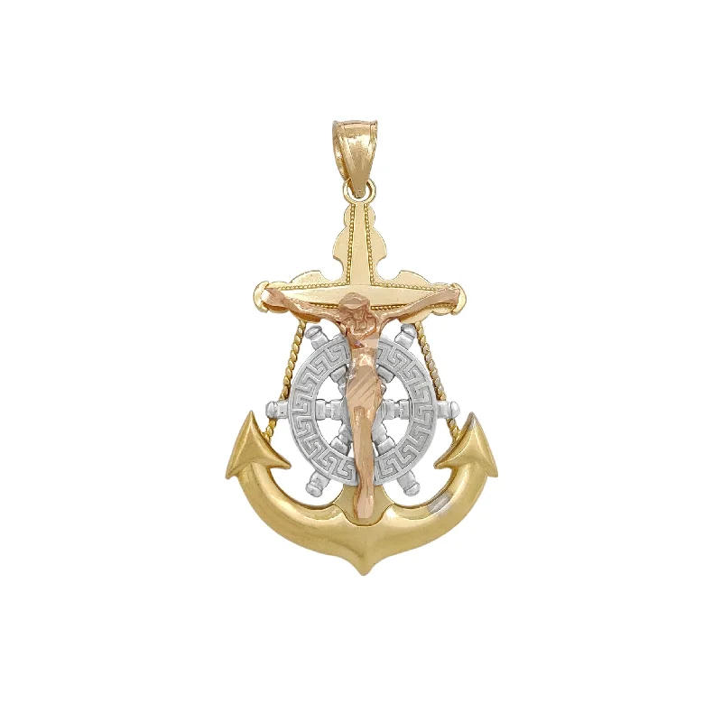 Tri-Color Greek Key Anchor Crucifix Pendant (14K)