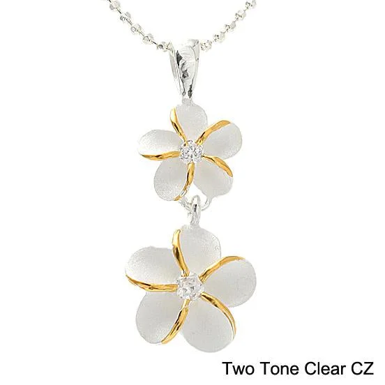 Double - Sided Pendant Necklace with a Photo Insert for Memory - KeepersSterling Silver Two Tone Yellow Gold 8-10mm Plumeria with CZ Pendant (Chain Sold Separately) Double - Sided Pendant Necklace with a Photo Insert for Memory - KeepersSterling Silver Two Tone Yellow Gold 8-10mm Plumeria with CZ Pendant (Chain Sold Separately)
