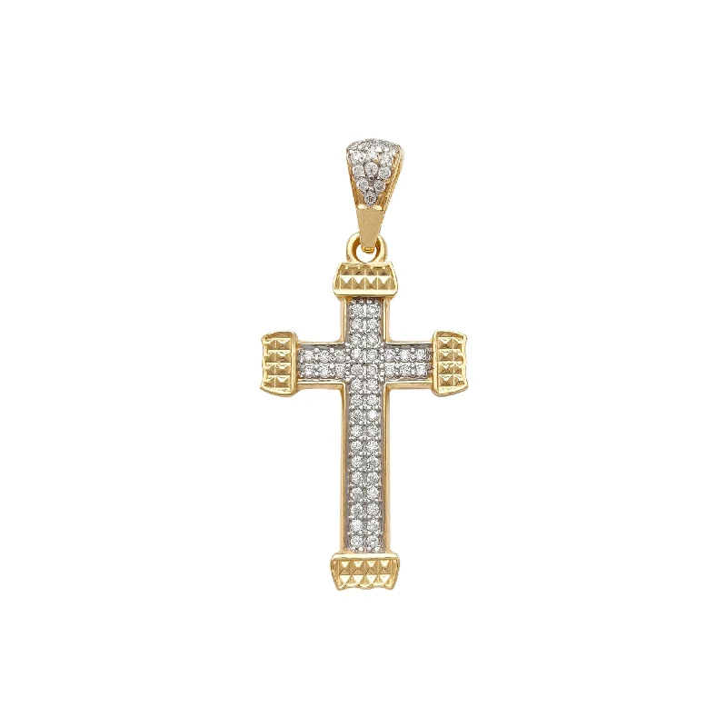 Two-Tone Stoneset Valved Cross Pendant (14K)
