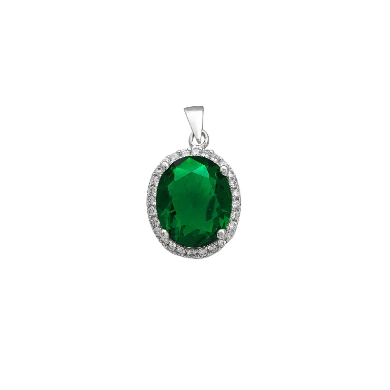 Statement - Making Large - Gemstone - Studded Geometric Pendant Necklace for Evening PartiesZirconia Green Oval Halo Pendant (Silver) Statement - Making Large - Gemstone - Studded Geometric Pendant Necklace for Evening PartiesZirconia Green Oval Halo Pendant (Silver)