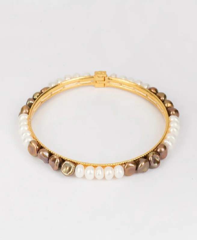 Pearl and Leather Cuff Bracelet with Studded Embellishments for a Rocker - Inspired StyleClassy White and Brown Pearl Bangle Pearl and Leather Cuff Bracelet with Studded Embellishments for a Rocker - Inspired StyleClassy White and Brown Pearl Bangle