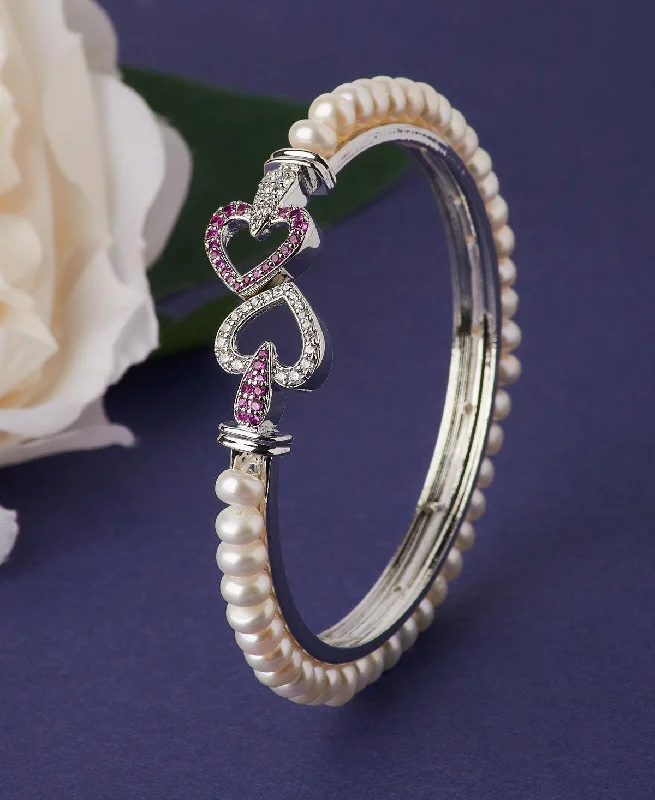 Pearl and Crystal - Embellished Bracelet with Rhinestone - Studded Clasp for a Glamorous Party LookDouble Heart Classy Design Pearl Bangle Pearl and Crystal - Embellished Bracelet with Rhinestone - Studded Clasp for a Glamorous Party LookDouble Heart Classy Design Pearl Bangle