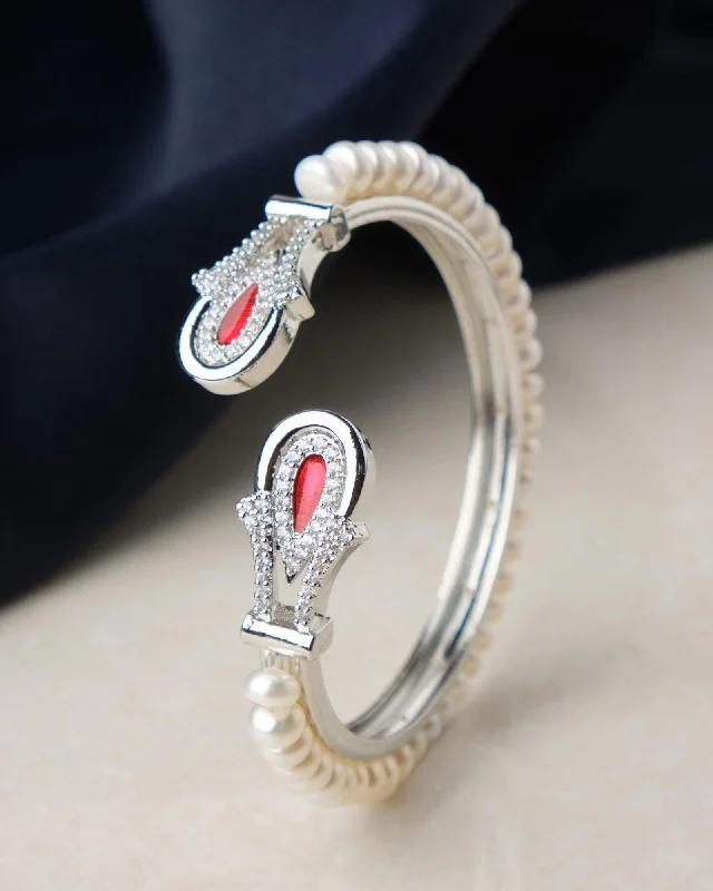 Pearl and Crystal - Embellished Bracelet with Rhinestone - Studded Clasp for a Glamorous Party LookFashionable Stone Studded Pearl Bangle Pearl and Crystal - Embellished Bracelet with Rhinestone - Studded Clasp for a Glamorous Party LookFashionable Stone Studded Pearl Bangle